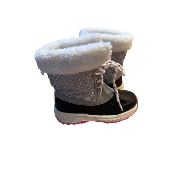 Carters Kids Snow Boots Quilted Gray Pink Laces Faux Fur Lined Winter‎ Size 12 - Picture 5 of 13